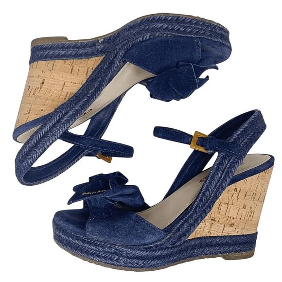 Prada Logo Blue Suede Bow Platform Espadrilles EU 37 Slingback Buckle Wedges - Picture 5 of 10